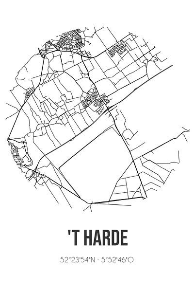 't Harde (Gueldre) | Carte | Noir et blanc par Affiches de lieux