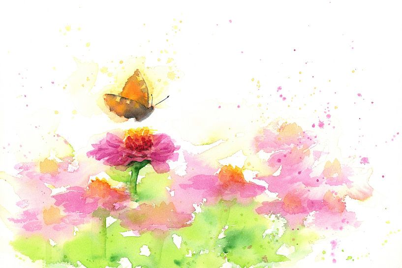 Schmetterling und pinkfarbene Zinnien Aquarellgemälde von Karen Kaspar