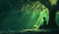 Buddha sitting under tree panorama