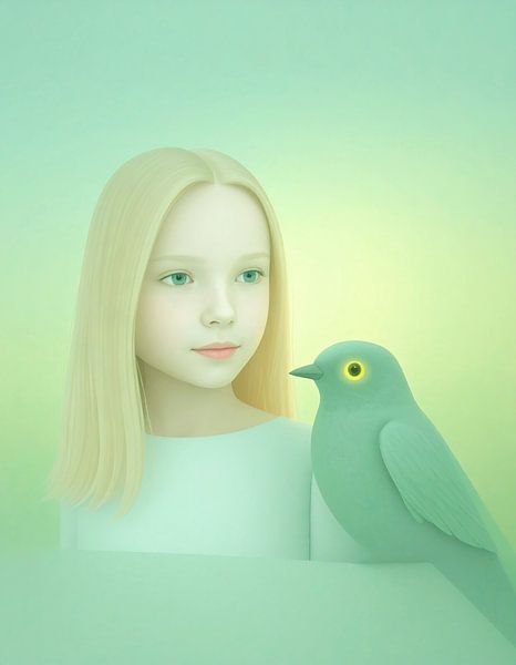 Girl with green bird... by Ans Bastiaanssen