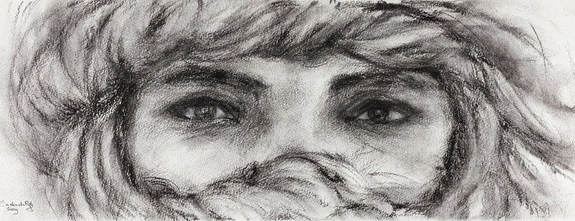 Portrait avec les yeux sombres d'un Touareg. Dessiné à la main au fusain. par Ineke de Rijk
