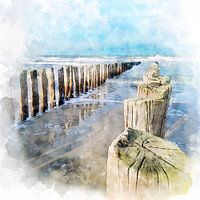 Aquarelle représentant des têtes de pile et la mer du Nord sur la côte près de Domburg, en Zélande