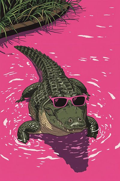 Alligator in Pink Water Wearing Sunglasses by Dante S