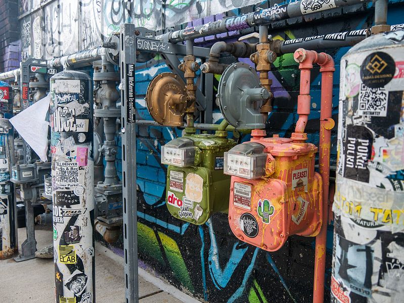 Gas meters with graffiti in Rhino Art District Denver United States by Moniek van Rijbroek