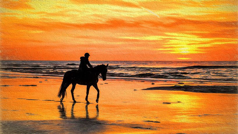 Cheval et cavalier sur la plage lors d'un coucher de soleil par eric van der eijkj