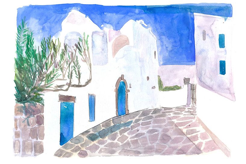Ruelle méditerranéenne avec maisons blanches et portes bleues par Markus Bleichner