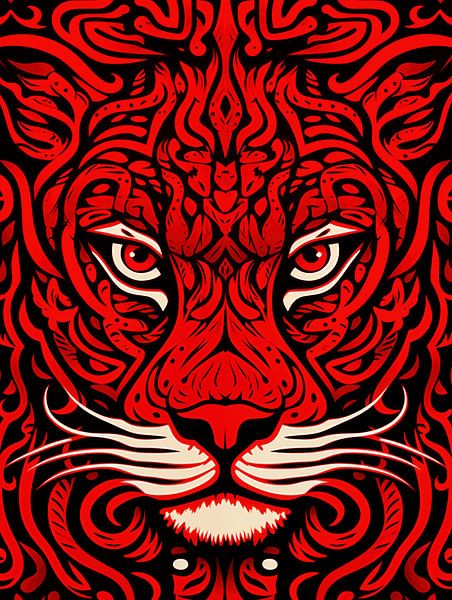 Afrikanische Tribal-Art mit stilisiertem Roten Löwenkopf von Frank Daske | Foto & Design