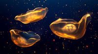 Three golden jellyfish with glitter in a dark ocean