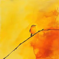 Rouge-gorge sur une branche jaune acrylique