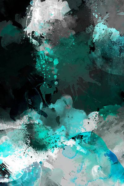 Modern, Abstract Digital Watercolour Artwork in Black Blue Grey White by Art By Dominic