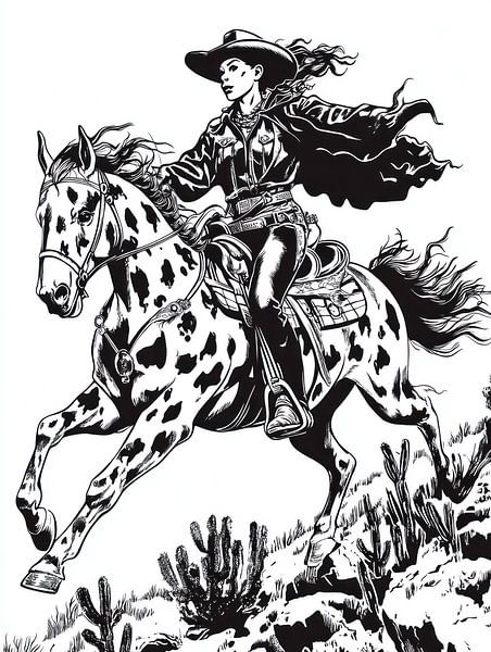 Galloping cowgirl on dotted horse in retro cartoon style by Franka Poulain