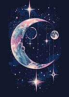 Cosmic moon with twinkling stars