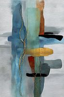 Peinture abstraite en bleu, vert et brun rouille avec des lignes dorées