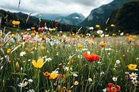 Bloemenveld voor majestueuze bergtoppen