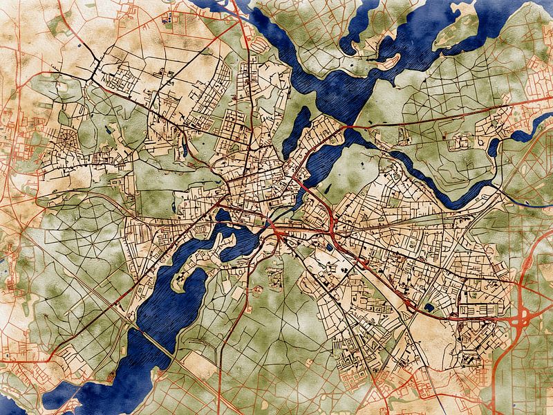 Map of Potsdam with the style 'Serene Summer' by Maporia