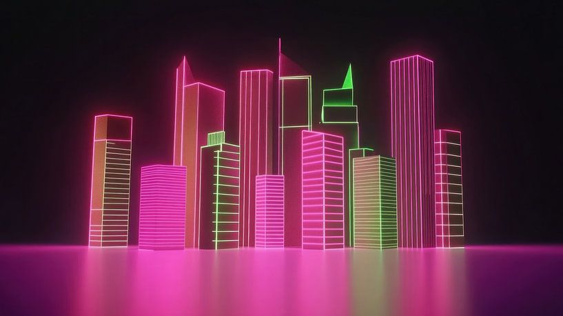 Neon 80s digitale Stadt in rosa lila und grün von Franka Poulain