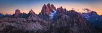 Dolomite panorama with alpenglow at the blue hour