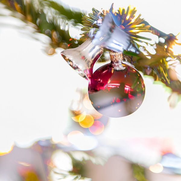 Cloches de Noël et boule rouge sur une branche de pin par Wim Stolwerk