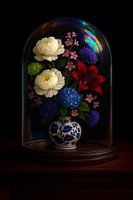 Peonies, Lilies & Hydrangea Under Glass Dome