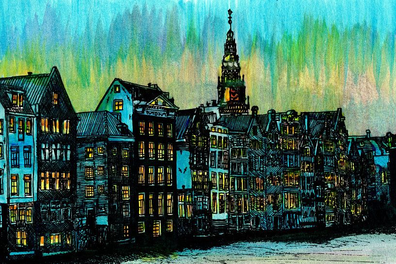 Watercolour Painting Damrak Amsterdam Blue Hour by Hendrik-Jan Kornelis