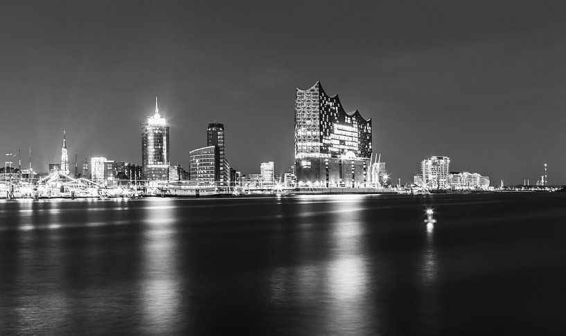 Hamburg City Skyline at night at the Elbphilharmonie- black and white by Frank Herrmann