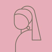 La fille à la boucle d'oreille abstraite sur fond rose avec des lignes brunes dorées