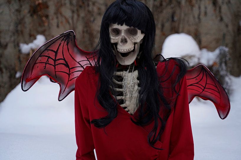 Teufelsbraut Skelett mit rotem Kleid und Teufel Flügel im Schnee von Babetts Bildergalerie