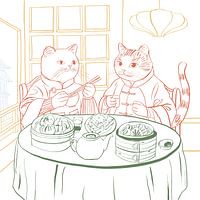 Elegante Katzen essen Dim Sum
