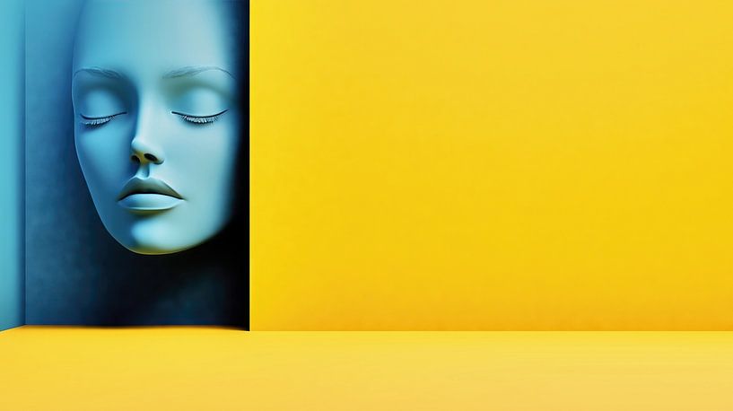 Blue mannequin face in front of a yellow wall by Frank Heinz