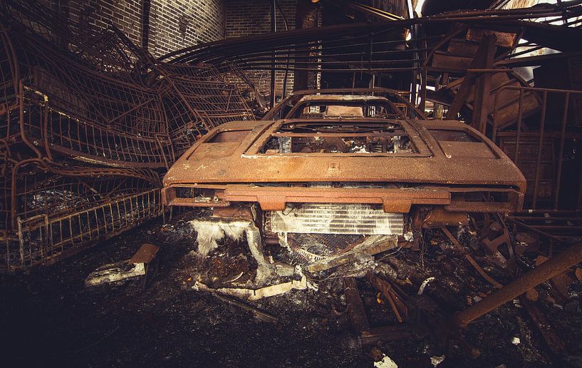 Burnt-out ferrari by On Your Wall