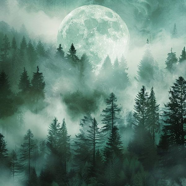 Wafts of mist in the moonlight - Mystical forest by Poster Art Shop