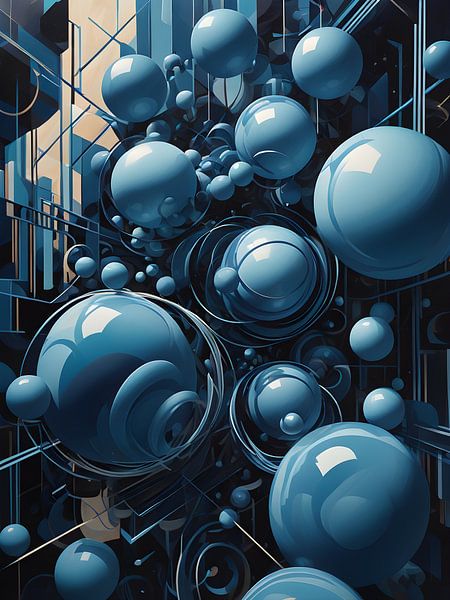 Kubistisches Chaos mit schwebenden Kugeln von Bart Veeken