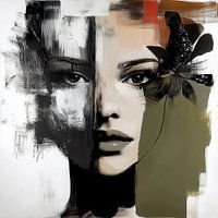 Hidden Layers; portrait of a woman in black and white in layers with areas of colour in green, red, orange and beige.