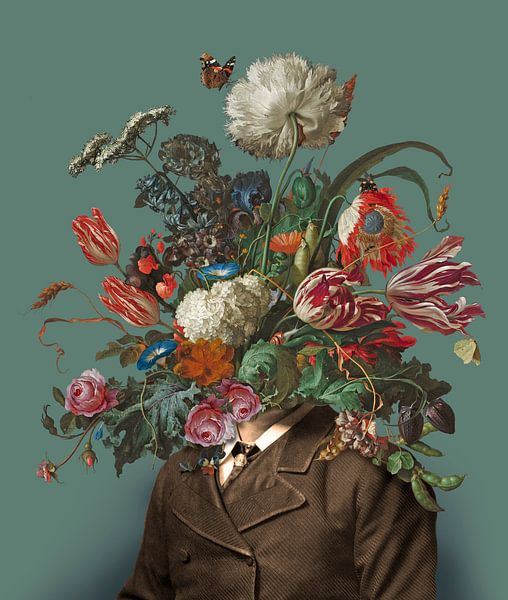 Portrait d'un homme avec un bouquet de fleurs (vert-de-gris / rectangulaire) par toon joosen