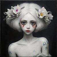 Doll wirh flower on black background