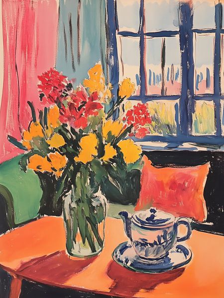 Fleurs sur la table à thé à côté du banc : composition colorée de Matisse par Thea