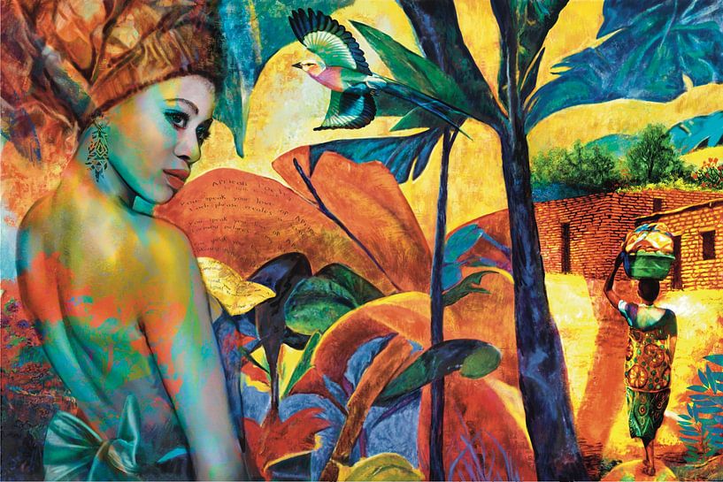 Colourful  African Life in a jungle. Mixed media /techniek van Karen Nijst