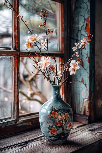 Stillleben Japan traditionelle blaue Vase mit roten Blumen von Digitale Schilderijen