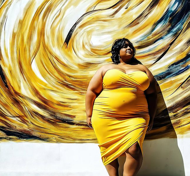 Frau in gelbem Kleid vor lebendigem Wandgemälde von Frank Heinz