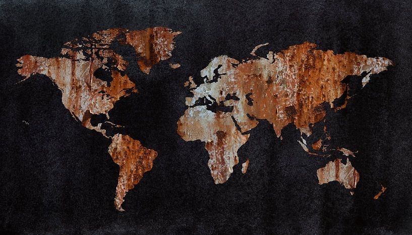 World map | Rust with peeling white paint by WorldMapShop