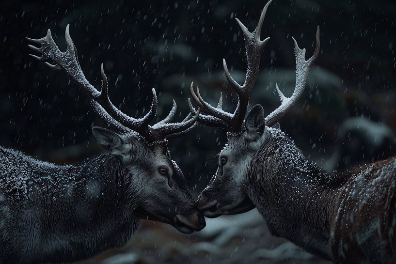 Deux cerfs aux bois enneigés par Art & Soul Creations