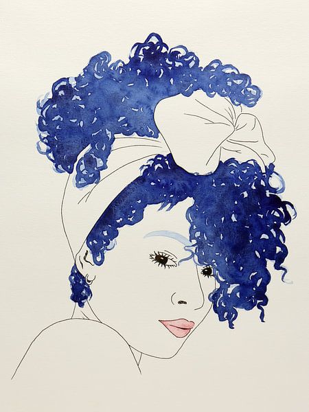 Femme sexy avec un gros bouquet de boucles (aquarelle peinture portrait dessin ligne art ligne arc b par Natalie Bruns