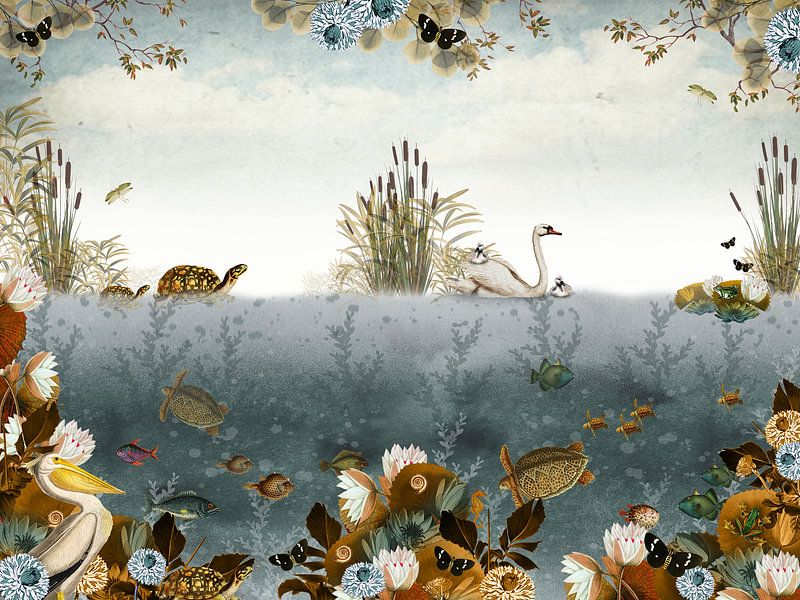 Beautiful print of an underwater world with swans and turtles. by Studio POPPY