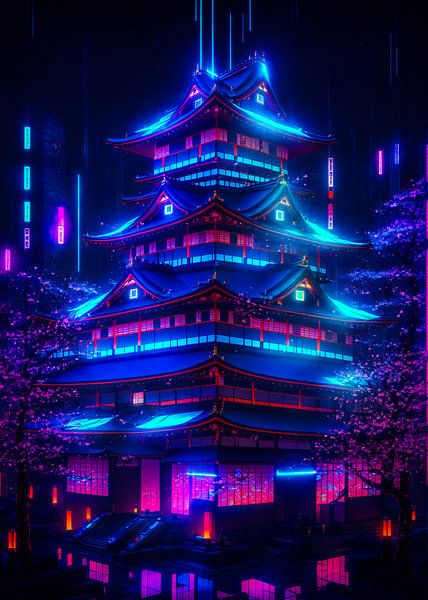 Sanctuaire japonais futuriste de style cyberpunk par Ruzerin