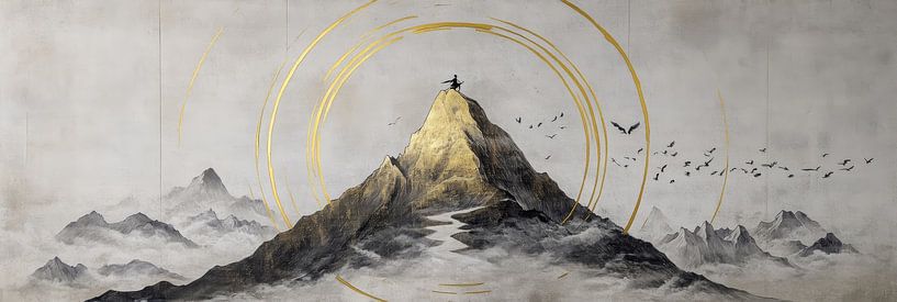 Abstract landscape of dark night sky and golden mountains by Digitale Schilderijen