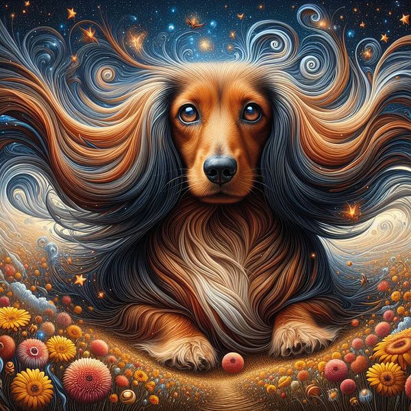Dachshund longhair surrealism, style Edouard Bisson by Betty Maria Digital Art
