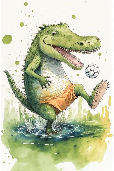 Funny crocodile plays football by Peter Roder
