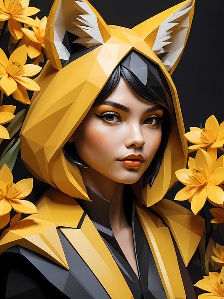 Fille renard floral low poly, noir et jaune par 1xMerch