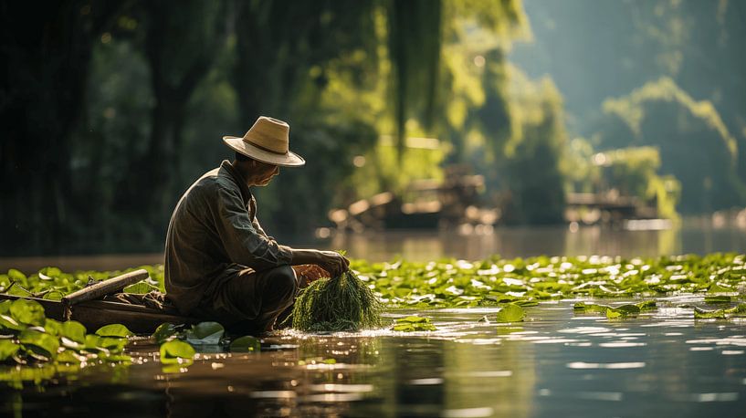Vietnamischer Fischer mit einer Wiederverwendung an einem See in Vietnam von Animaflora PicsStock