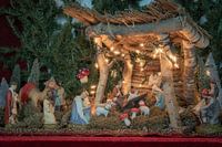 Beautiful complete antique Christmas sculptures in a unique nativity scene with a homely atmosphere.